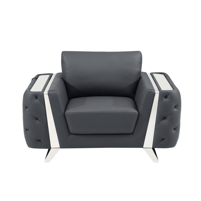 Anissa Top Grain Italian Leather Armchair, Dark Gray Genuine Leather, Chrome