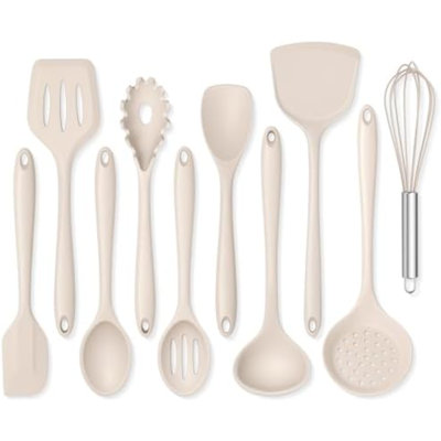 Ensemble de 10 ustensiles de cuisine en silicone résistants à la chaleur et non toxiques pour poêles antiadhésives - Kaki