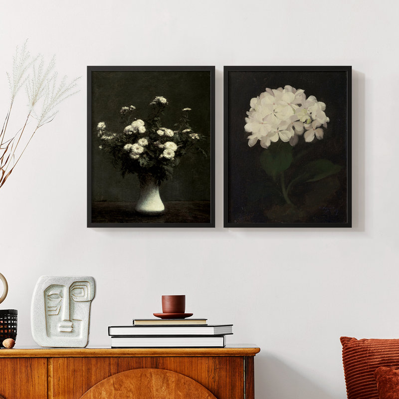 «Vintage Floral», ensemble de 2 estampes numériques encadrées, Noir, noir, noir, noir, H 12 po x l 30 po