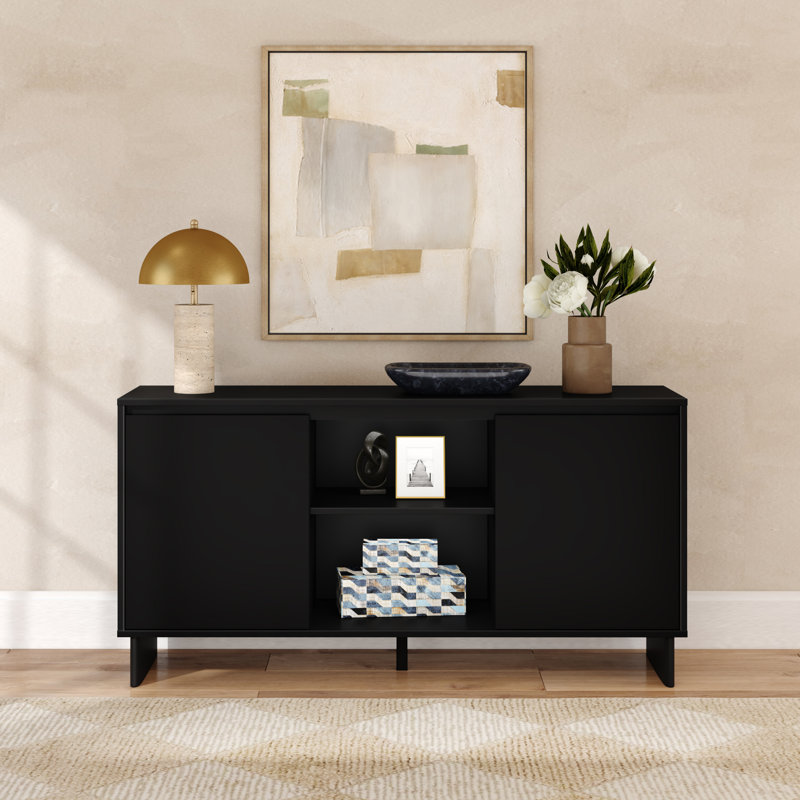 Modern TV Stand/Sideboard, 2 Door with Middle Shelf  (59 x 16 x 30in), Black, 30"H x 59"L x 16"W, Black