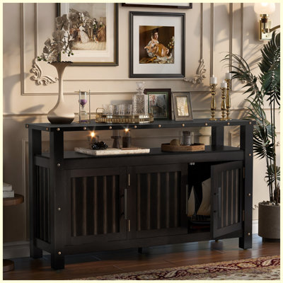 55.1" Pine Wood Buffet Cabinet with 3 Doors & Dual Storage Areas, Sideboard Coffee Bar with Metal Handles & Exposed Rivets for Dining Room, Kitchen & Living Room