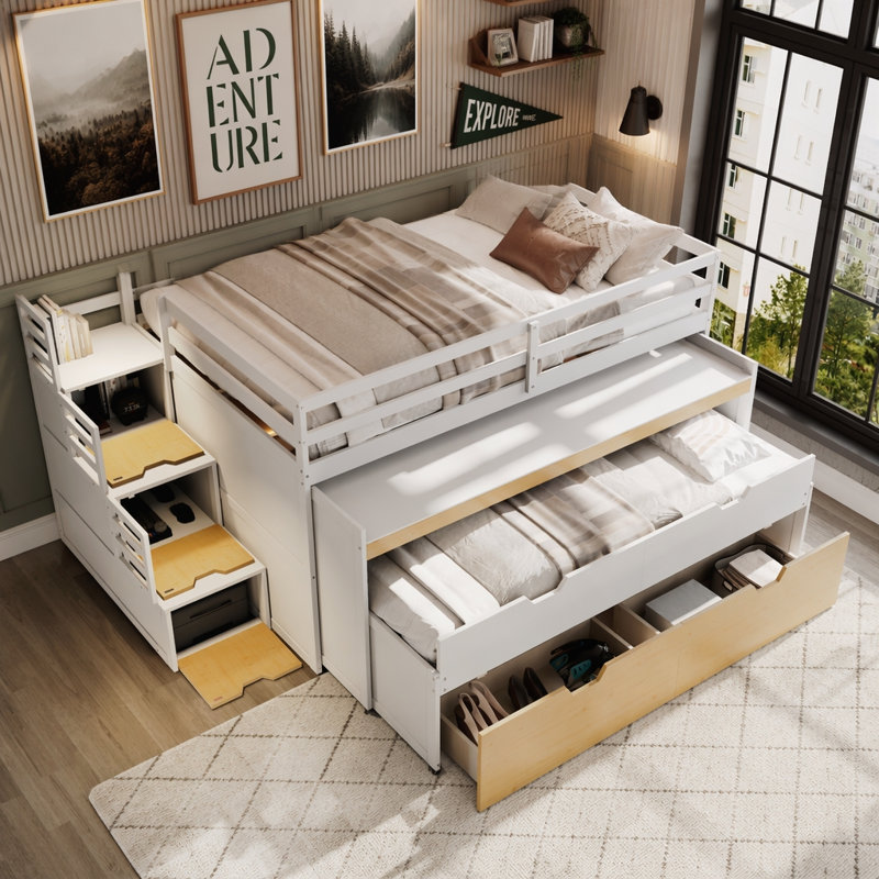 Lit mezzanine avec bureau coulissant, lit gigogne et marches de rangement, Full XL, White