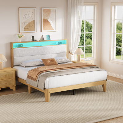 Queen Size Storage Headboard Boucle Platform Bed Frame – Queen Size, Upholstered, Built-in Charging Station, Sturdy Wood Slats, Easy Assembly, No Box Spring Needed, Pure White