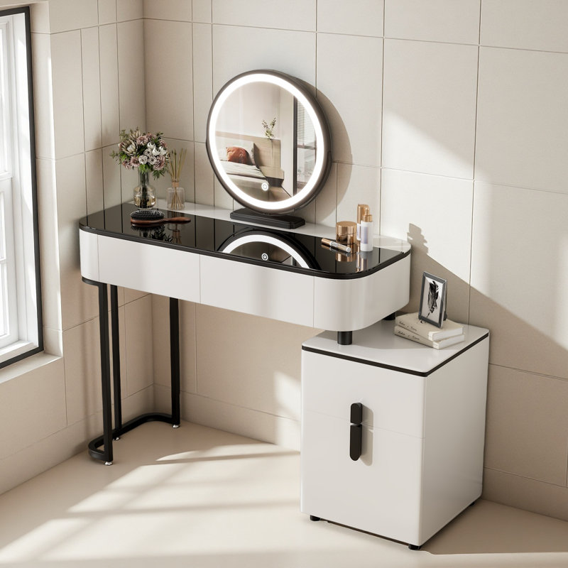 Modern Vanity Table With Tempered Glass Top, Adjustable Height Legs, Multi-Functional Storage Cabinet And Round Mirror