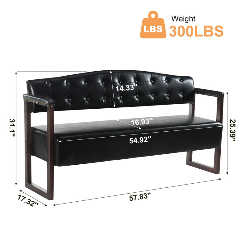 Banc avec dossier capitonné et garniture cloutée, Black