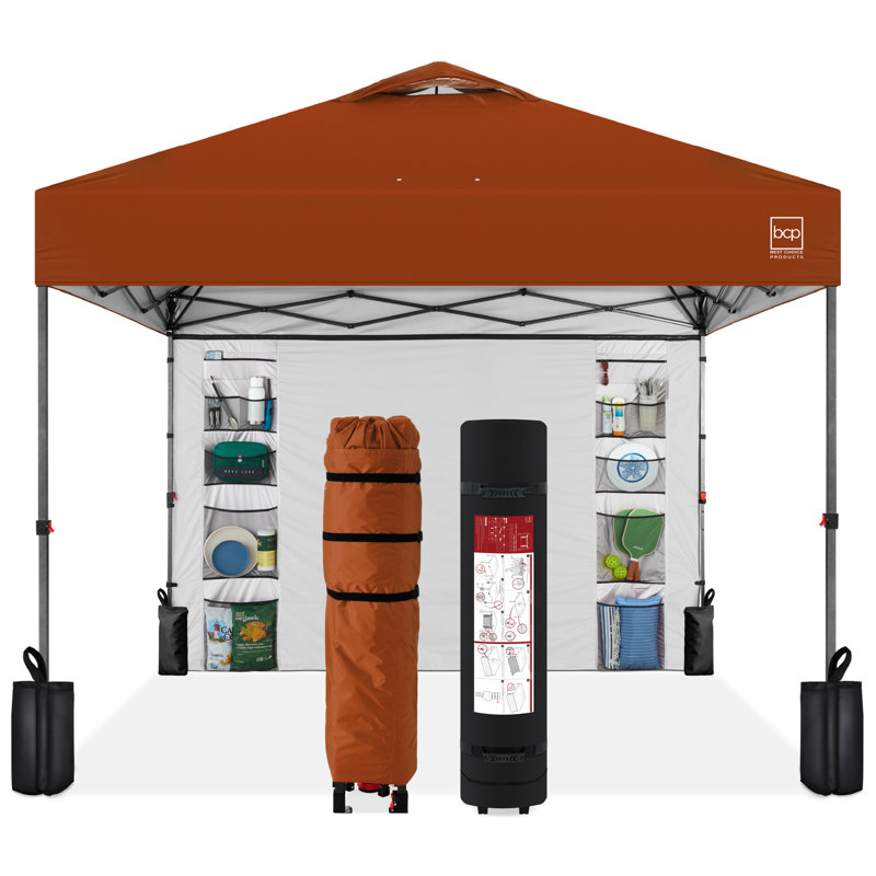 10X10ft Easy Setup Pop Up Canopy, Portable Tent W/ Side Wall, 1-Button Push, Case, Rust
