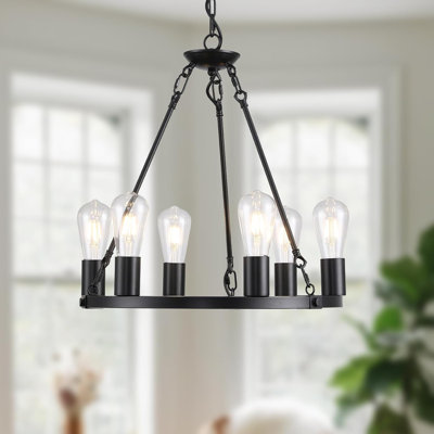 Luminaire de style lustre à roulettes Farmhouse, luminaire suspendu rond vintage à 6 lumières à intensité réglable et réglable pour salle à manger, îlot de cuisine et salon