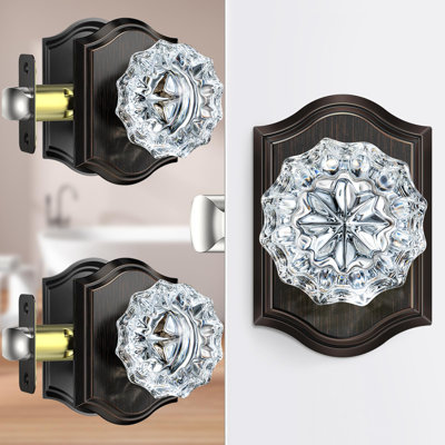 Ensemble de 3 boutons de porte en cristal avec serrure d'intimité, boutons de porte en verre bronze huilé pour l'intérieur de la salle de bain, ensemble de boutons de porte réversible rétro