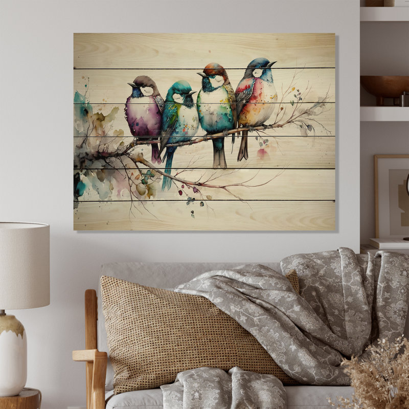 Multicolore oiseaux sur arbre à fleurs de prunier - Art mural en bois animaux - Bois de pin naturel