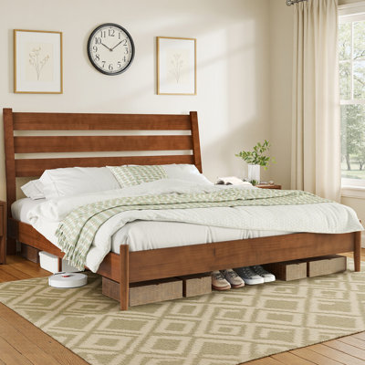 Mid-Century Modern Solid Wood Platform Queen Bed With Reclining Slatted Headboard, Light Brown