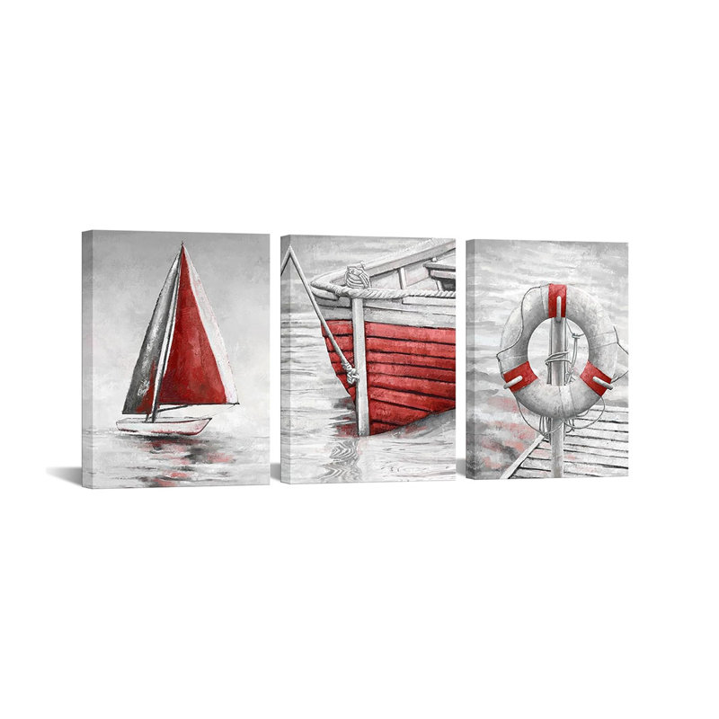 Grey and Red Bathroom Wall Art Fishing Boat Painting Canvas Prints Modern Nautical Pictures Artwork for Bedroom (Red)