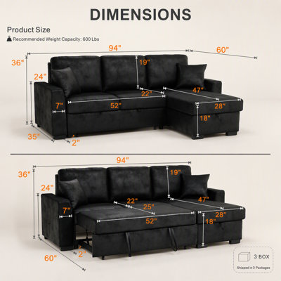 Canapé modulaire 94 po en similicuir avec lit escamotable et rangement pour chaise longue
