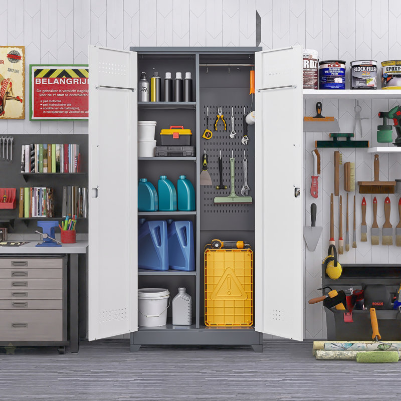 Gray And White Color Metal Lockers, Cleaning Tool Cabinets With Locking Doors, High Broom Tool Storage Cabinets, Adjustable Shelves, Large Cabinets For Kitchens, Offices, Shops.(72.8 Inches)