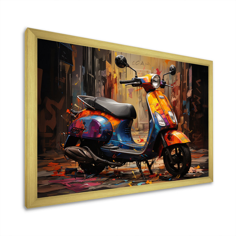 " Orange Blue Scooter Street Styler ", 16" H x 32" W x 1" D, Gold Single Picture Framed