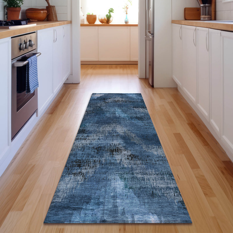 Tapis bleu Prisco lavable à la machine de qualité supérieure, Tapis de couloir 2 pi 3 po x 7 pi 6 po
