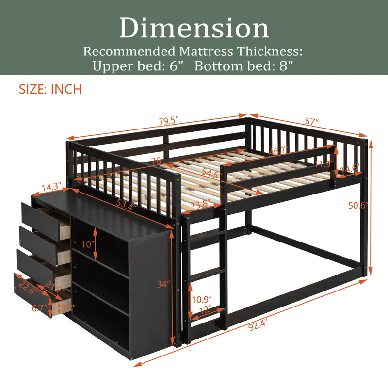 Julye Kids Bunk Bed with Drawers, Full, Espresso