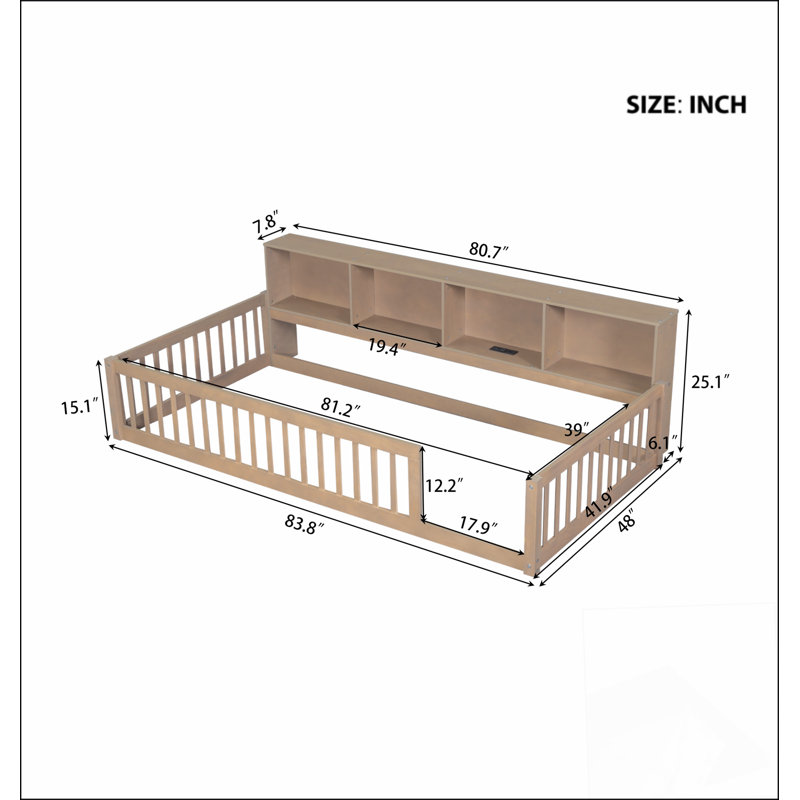 Lit simple en bois de taille très grand avec armoires de rangement spacieuses et ports USB pratiques, brun, Brun