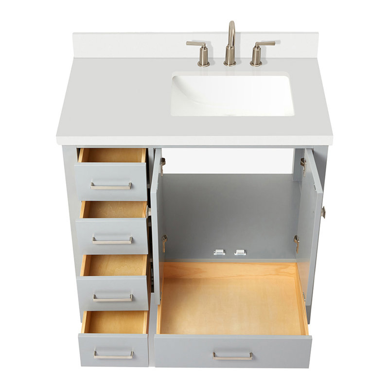 Cambridge 37'' W Single Vanity, Gray, Pure White Quartz, Rectangular
