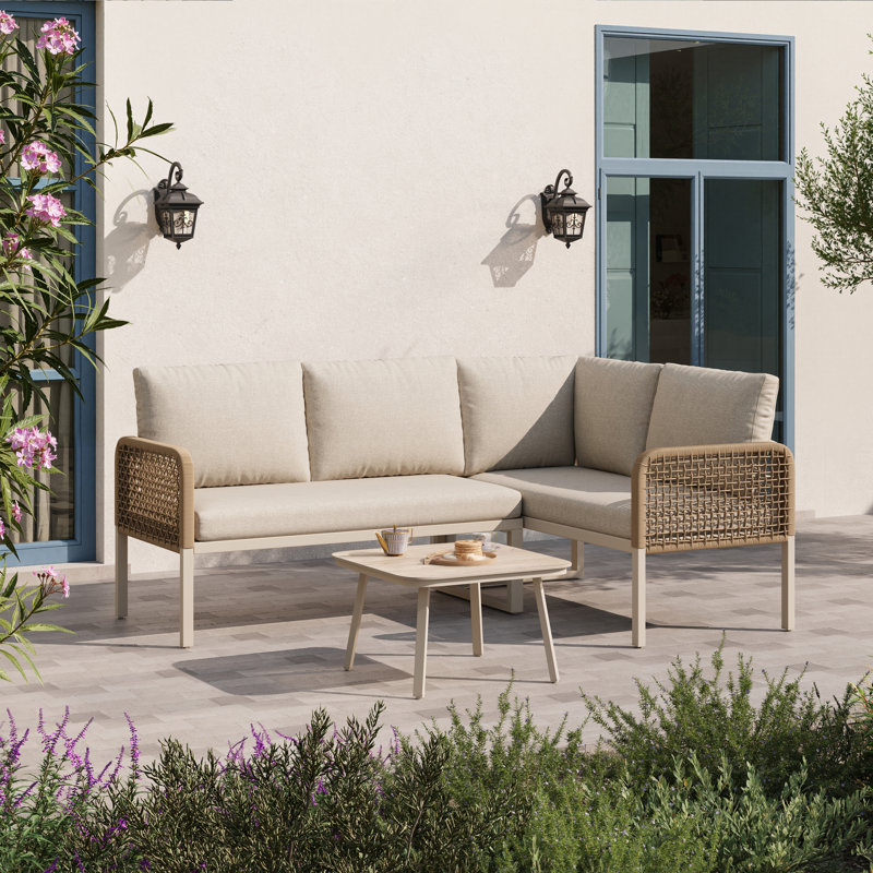 3-Piece Modular Outdoor Sofa Set With Glass Table & Polyester Rope, Beige