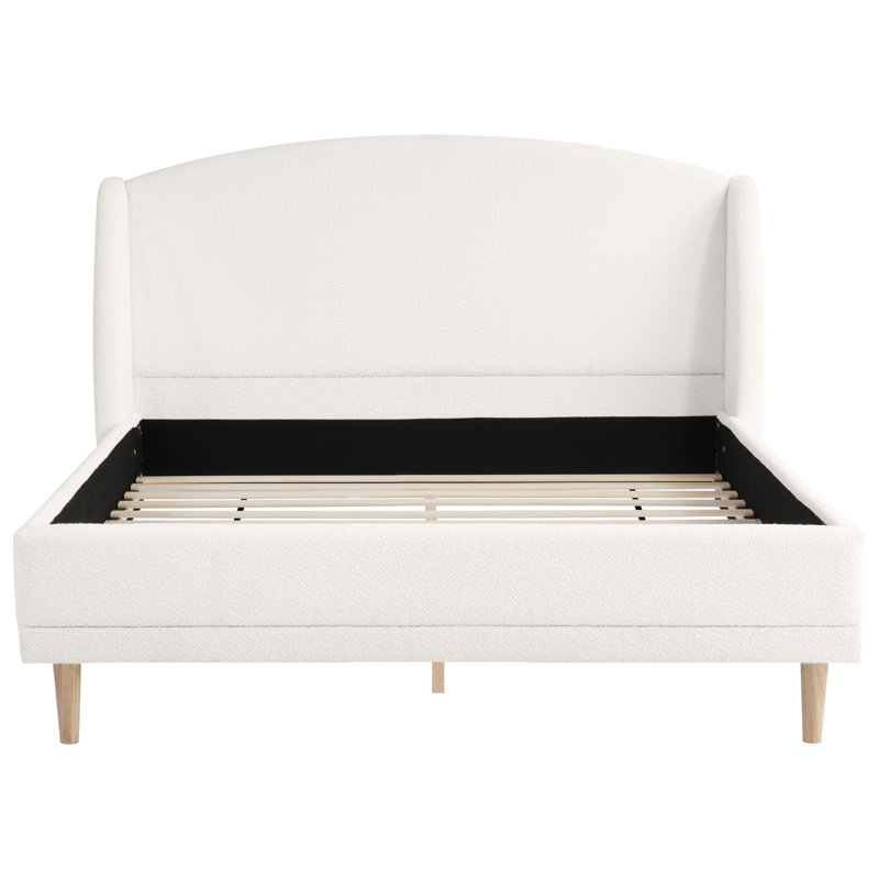 Lit plateforme tapissier Modern - Tête de lit à oreilles en tissu Boucle et pieds en bois d'hévéa, Grand