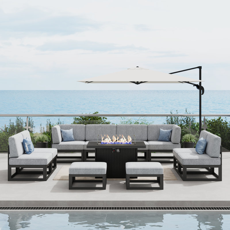  Ensemble de meubles de patio en aluminium 11 pièces avec table de feu, ensemble de conversation modulaire d'extérieur en forme de L pour la cour