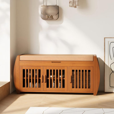   Banc de rangement pour chaussures en bambou brun avec tablettes latérales et compartiment de siège caché