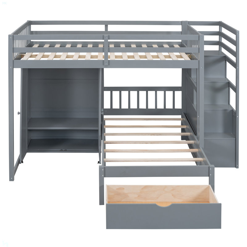 Lit superposé double au-dessus de simple avec garde-robe et tiroirs, gris
