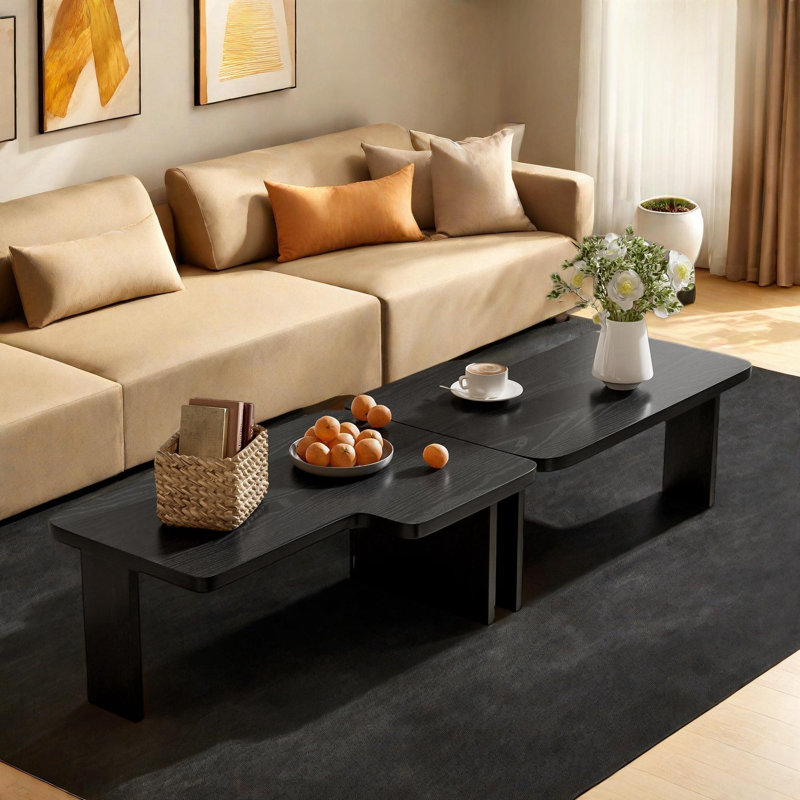 Modern Rectangle Coffee Table Set With Modular L-shape Design, Black