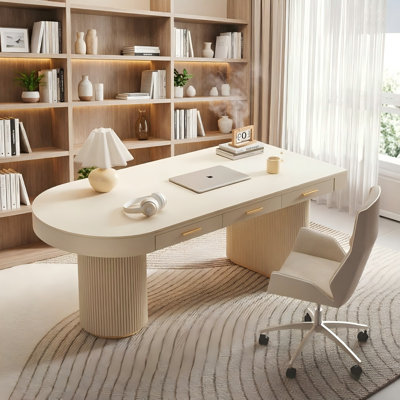 Bureau crème à demi-cercle droit, 3 tiroirs