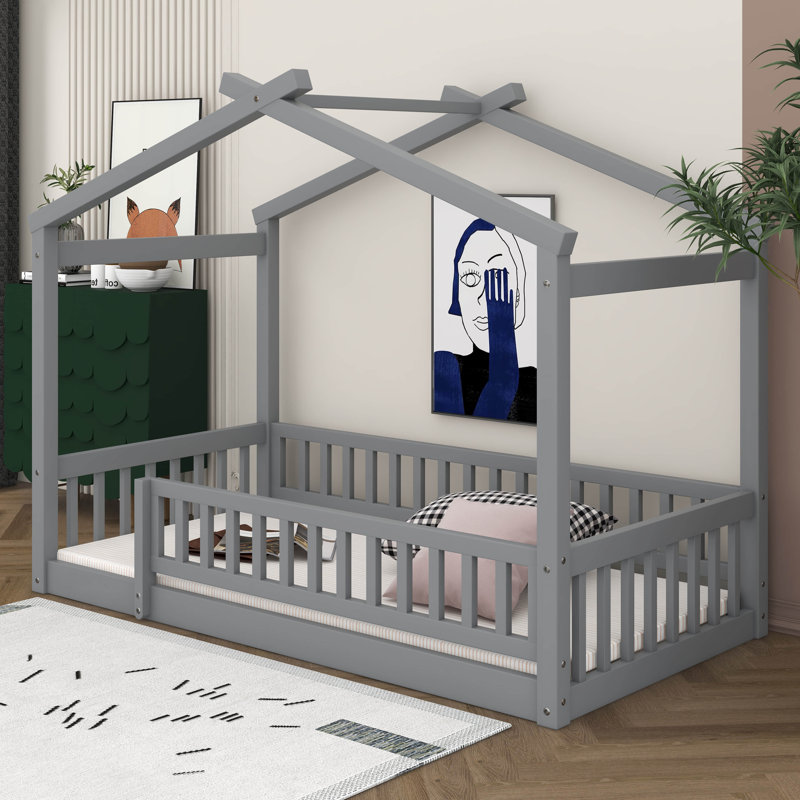 Twin Size Wooden House Bed With Fence, Wood Bed Frame With Roof And Safety Guardrail For Kids, Teens, Boys Or Girls, Gray