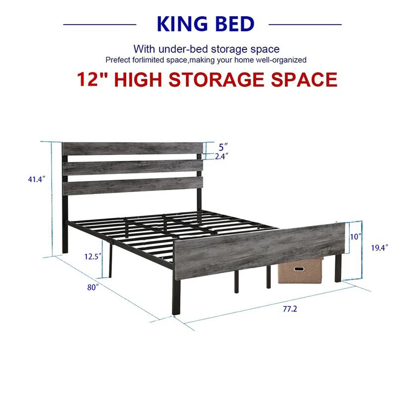 Structure de lit H 41,4 po avec tête et pied de lit en bois, avec rangement sous le lit, par Oxly , Très grand, Gris