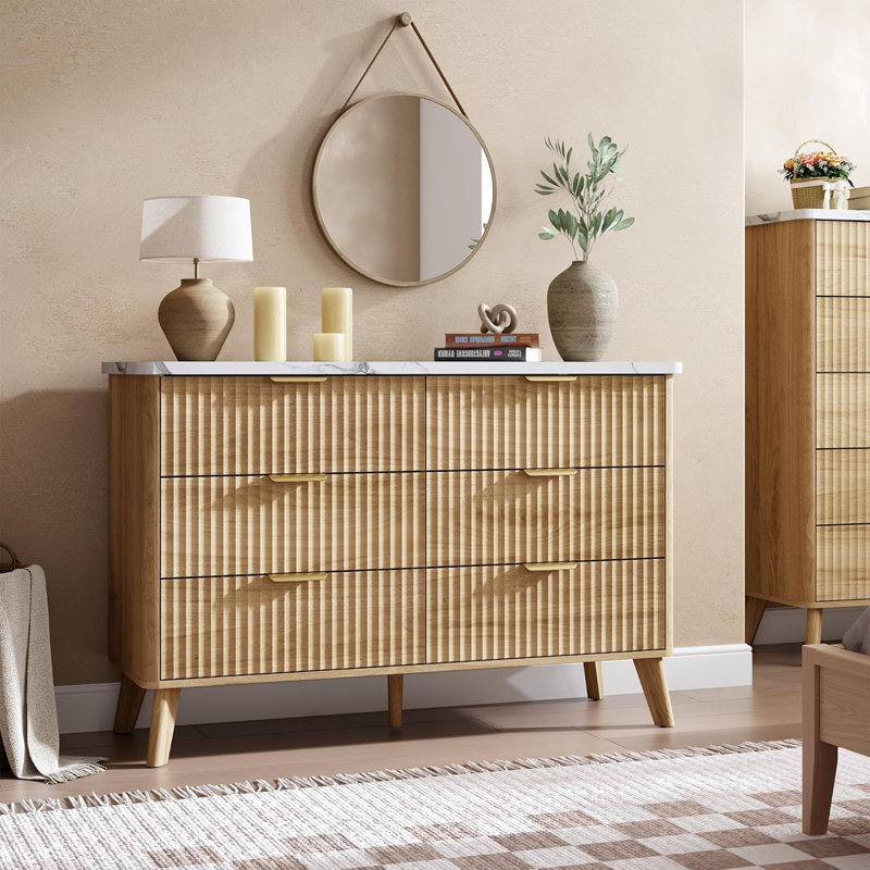 Modern Fluted 6-Drawer Dresser – Curved Profile, Gold Handles, Deep Drawers, Versatile Wooden Storage Chest for Bedroom, Living Room, Kids Room –Natural Wood Finishes