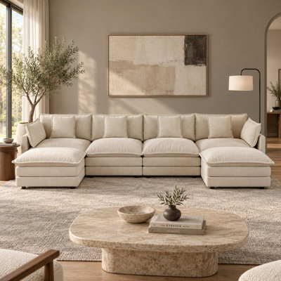 Oversized 4-Seater U-Shaped Chenille Modular Sectional with 2 Ottomans, Double-Lounge Sofa