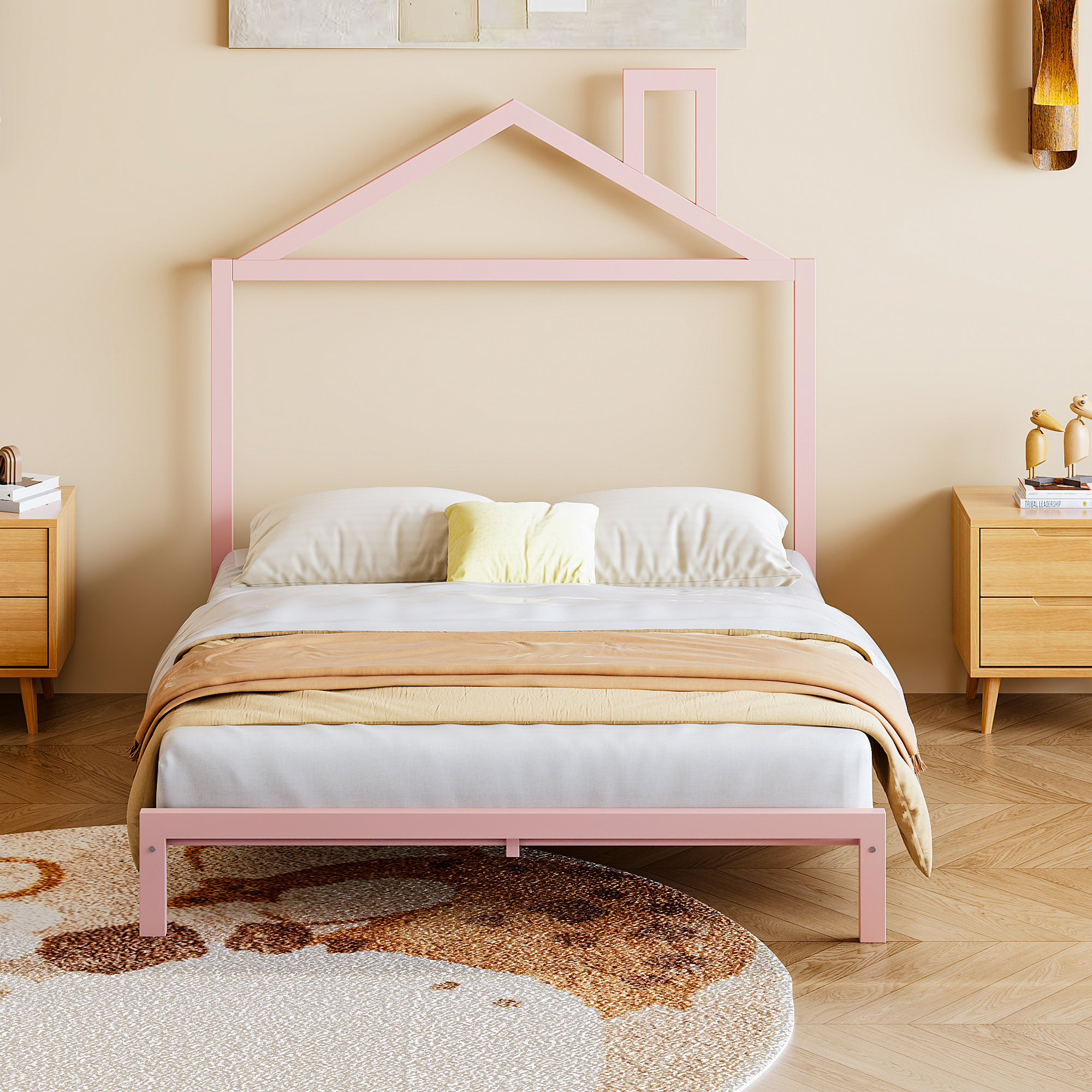 Rosefray Pink Metal Platform Bed With Charming House-shaped Headboard ...