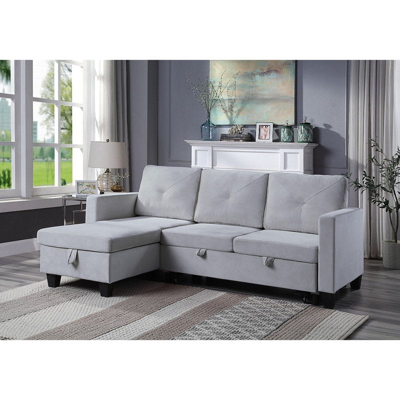 Canapé-lit modulaire réversible en velours de 82,5 po avec méridienne de rangement, Gris clair