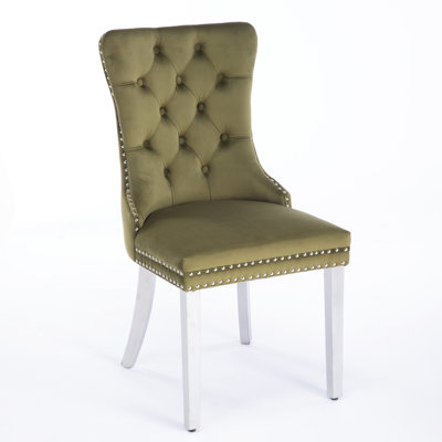 Paire de chaises de salle à manger contemporaines rembourrées, paire, velours olive, pieds en acier inoxydable plaqué, éponge à rebond élevé, chaise en velours haut Sw1701ol, olive, base en bois massif chromé, coussin en éponge, décoratif