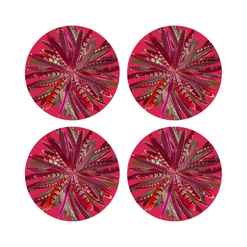 Pheasant Feathers Vegan Leather Round Pebble Placemat, Plum
