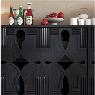 Armoire à vin de 60,5 pouces de style Mid-Century moderne avec rangement, table télé avec 4 portes et tablettes réglables, convenant à la cuisine, la salle à manger, le salon, l'entrée, noir