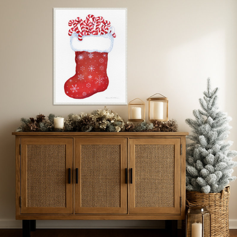 «Candy Cane Stocking» par Kathleen Parr McKenna, reproduction d'art sur toile encadrée