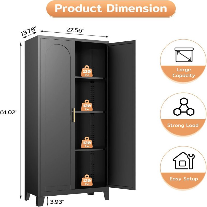 Armoire de rangement 61 "en métal noir avec portes galbées et tablettes réglables - rangement spacieux pour la chambre à coucher ou le salon