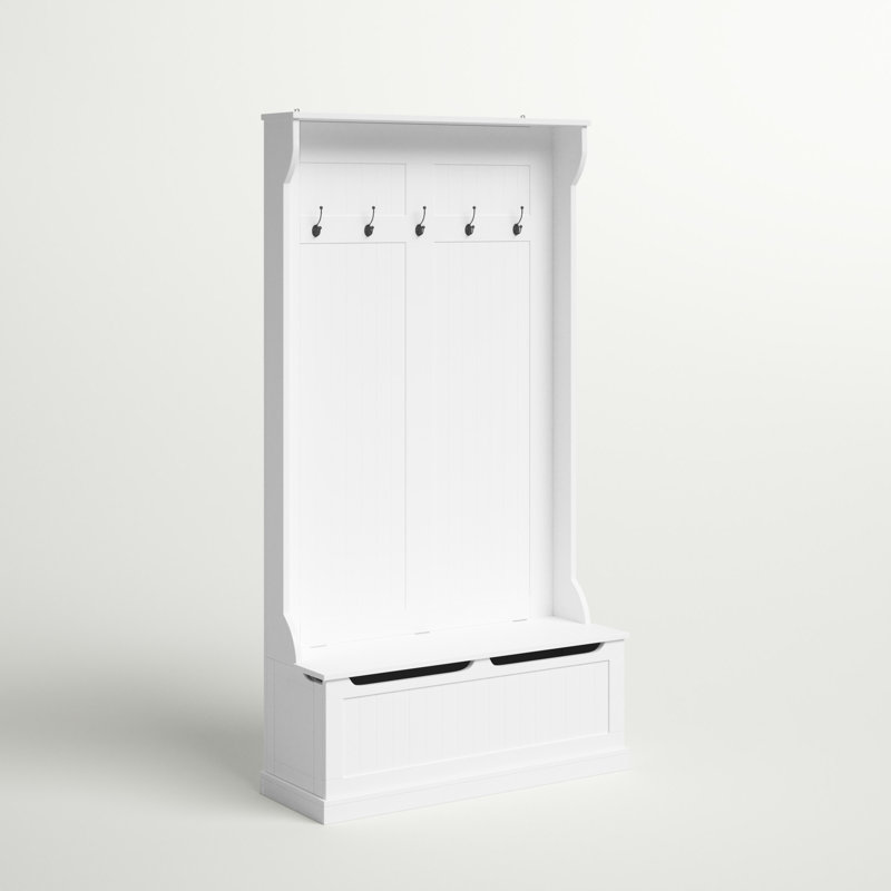 Bright White MDF Hall Tree with Storage Bench and Coat Hooks