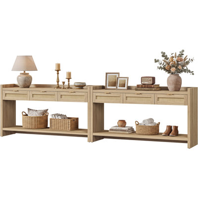 Natural Rattan Console Table With Drawers & Open Shelf, Modern Farmhouse Entryway Table With Anti-Slip Raised Edge & Adjustable Feet For Living Room, Hallway, Bedroom