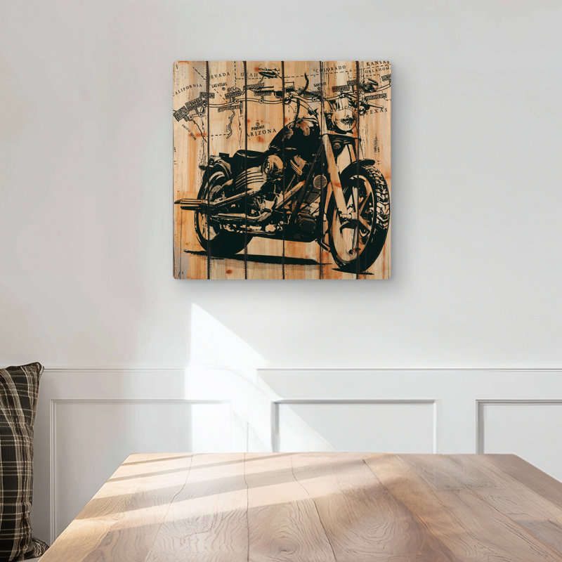 Motorcycle on Wood Background - Beige Rustic Metal Print Decor