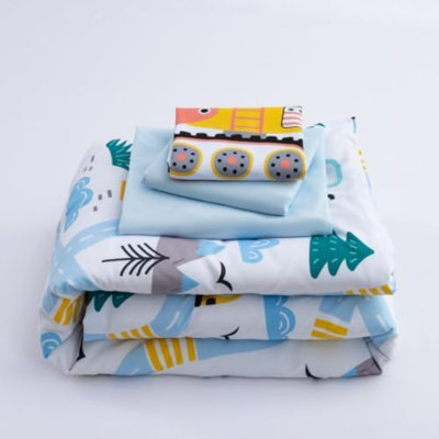4 Pieces Construction Toddler Bedding Set For Baby Boys, Truck Vehicles Excavator Cars Printed, Includes Comforter, Flat Sheet, Fitted Sheet And Pillowcase,Light Blue