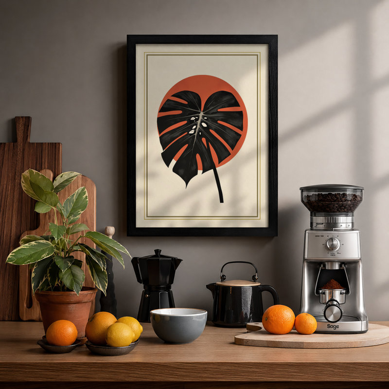 Red Starburst with Ribbon Art Deco - Framed Print, Walnut, A4 - 29.7 x 21.0 cm