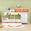Lit superposé simple au dessus d'un lit double en bois avec tiroirs de rangement, tablettes, lumière DEL et garde-robe