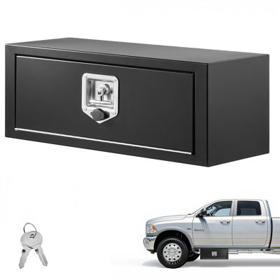 Underbody Truck Tool Box, 27 x 10 x 10 Inch Heavy-Duty Steel Trailer Storage Box with Lock & Keys, Waterproof Trailer Storage Organizer Under Body Chest with T-Handle for Truck, Van, SUV, Black