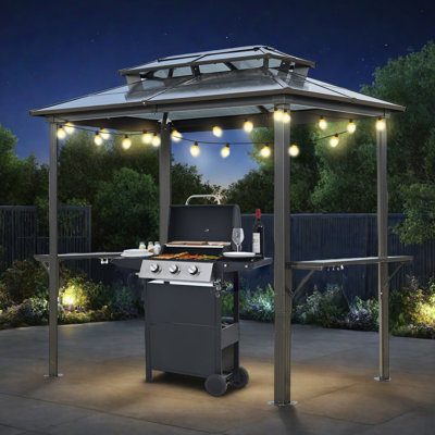 5Ft X 8Ft  Aluminum BBQ Grill Gazebo Grey Polycarbonate Double Roof  with Ceiling Hook and Shelves for Outdoor Use
