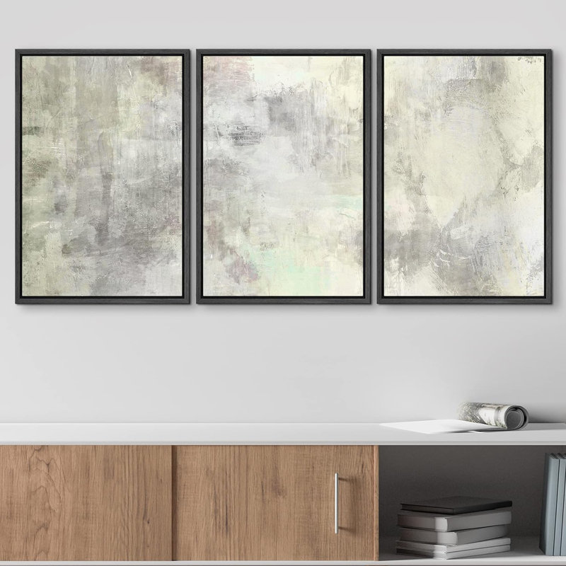 «Gris et vert clair, coups de peinture grunge, formes abstraites», 3 pièces sur toile, Cadre flottant noir, H 36 po x l 72 po