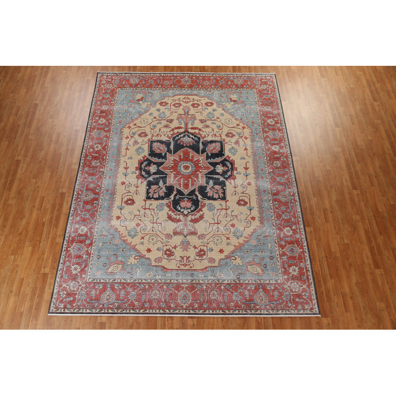 Tapis beige / rouge / bleu en laine noué à la main de conception unique 9 pi x 11 pi 9 po